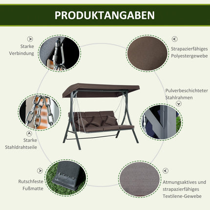 3-seat rocking bench in metal with cushion and adjustable canopy
