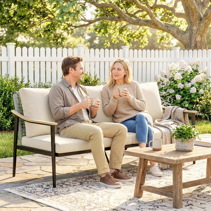 3-Seater Rattan Outdoor Sofa with Cushions, Steel Frame