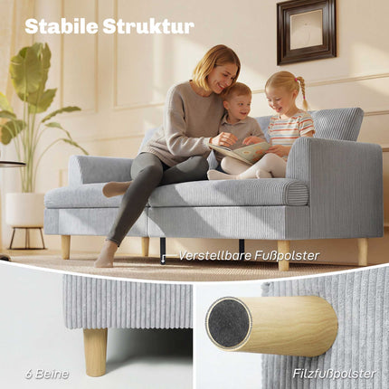 3-Seater Sofa, High-Density Foam, Cord Fabric, 188 cm