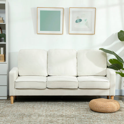 3-Seater Sofa, Thick Cushions, Rubberwood, Cream Fabric