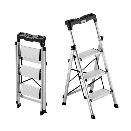 3-Step Folding Aluminum Ladder, 150 kg, Tool Tray