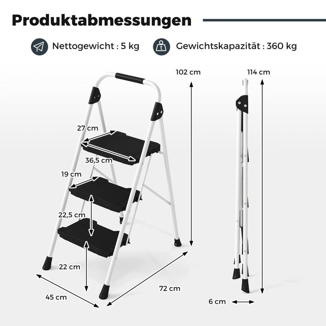 3-Step Folding Ladder with Handrail, Non-Slip Steps