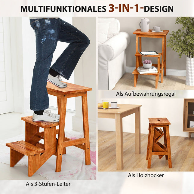 3-Step Rubberwood Ladder Stool, Non-Slip, Brown