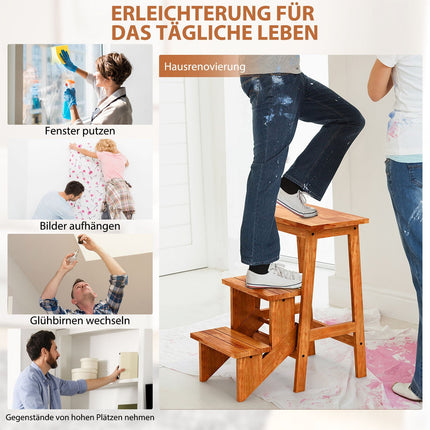 3-Step Rubberwood Ladder Stool, Non-Slip, Brown