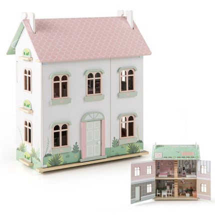 3-Story Wooden Dollhouse with Reversible Roofs & Doors