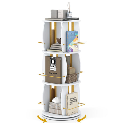 3-Tier 360° Spinning Bookshelf Tower with Display Stands, White & Golden