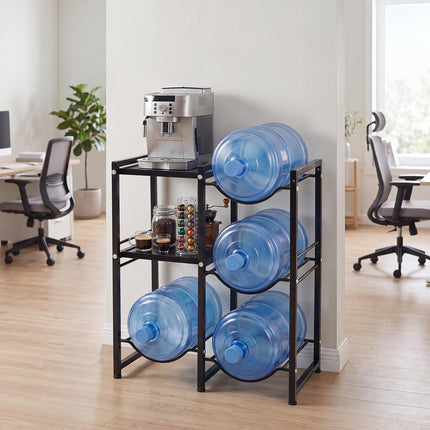 3-Tier 5 Gallon Water Jug Holder with 2 Storage Shelves, Black, 4 Bottle Slots