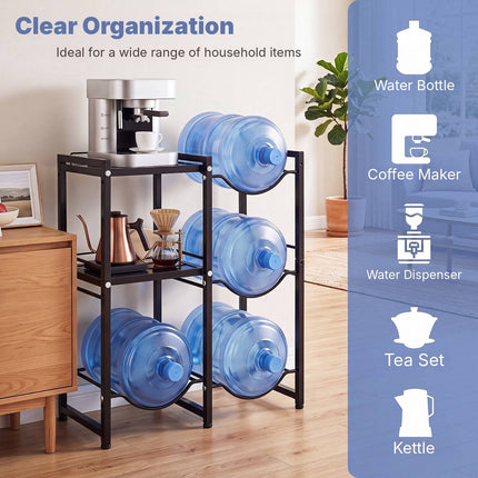3-Tier 5 Gallon Water Jug Holder with 2 Storage Shelves, Black, 4 Bottle Slots