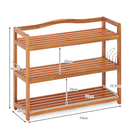 3-Tier Acacia Wood Shoe Rack with Side Hooks