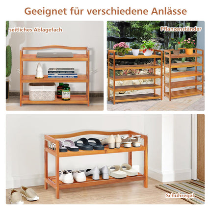 3-Tier Acacia Wood Shoe Rack with Side Hooks