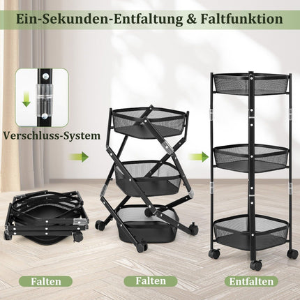 3-Tier All-Purpose Trolley Fruit or Vegetable Basket Stand 37.5 x 37.5 x 87 cm Black