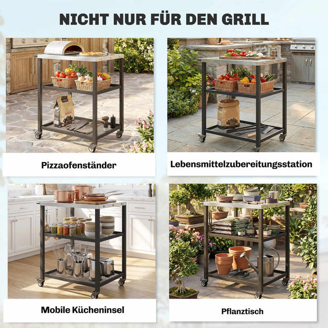 3-Tier BBQ Cart with Adjustable Shelves and Wheels