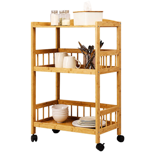 3-Tier Bamboo Kitchen Trolley with Swivel Castors