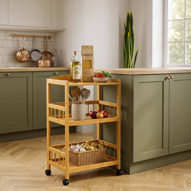 3-Tier Bamboo Kitchen Trolley with Swivel Castors