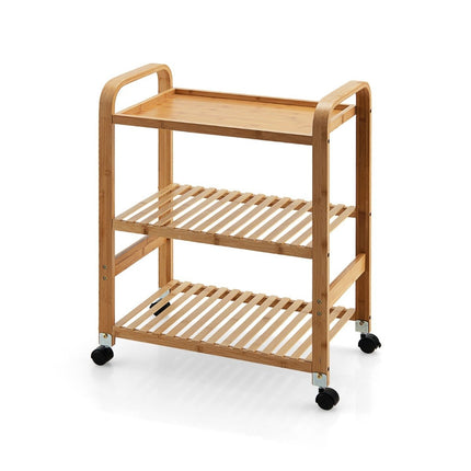 3-Tier Bamboo Rolling Cart with Wheels, 58x33x76 cm