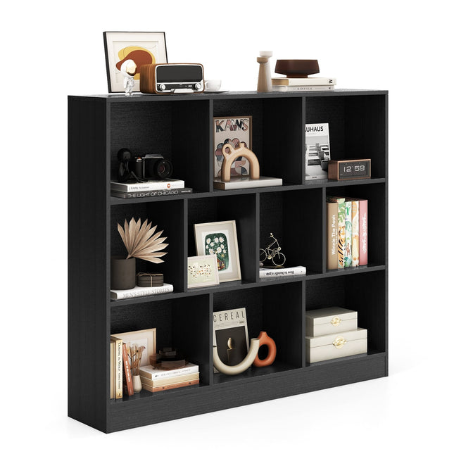 3-Tier Black Bookshelf with 10 Open Compartments