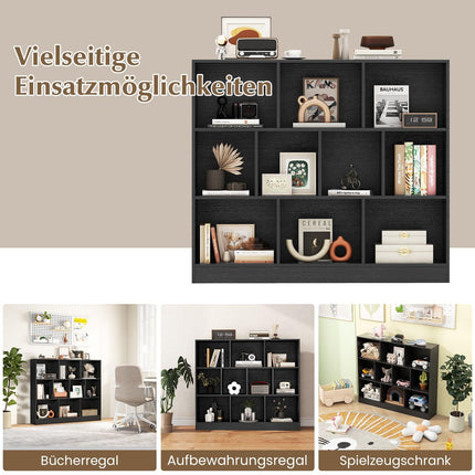 3-Tier Black Bookshelf with 10 Open Compartments