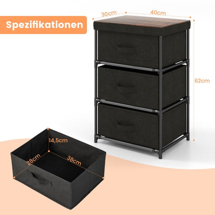 3-Tier Black Fabric Drawer Nightstand with Metal Frame