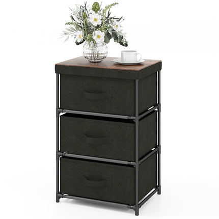 3-Tier Black Fabric Drawer Nightstand with Metal Frame