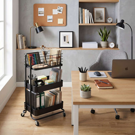 3-Tier Black Metal Rolling Storage Trolley