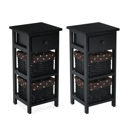 3-Tier Black Nightstand with Drawer and 2 Baskets
