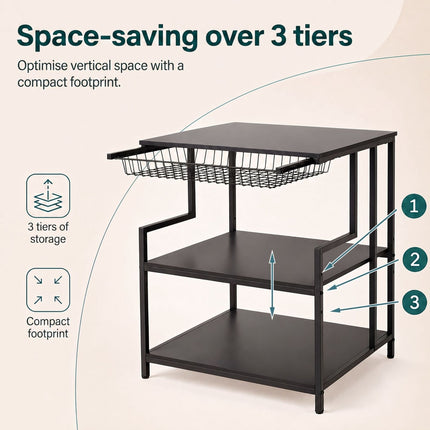 3-Tier Black Printer Stand with Adjustable Shelf