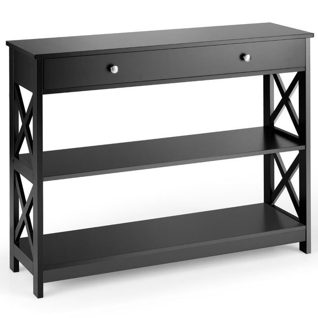 3-Tier Black Wood Console Table with Drawer, 100x30x80 cm