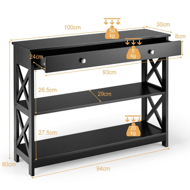 3-Tier Black Wood Console Table with Drawer, 100x30x80 cm