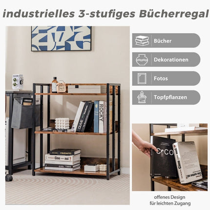 3-Tier Bookshelf, Adjustable Shelves, Metal Frame