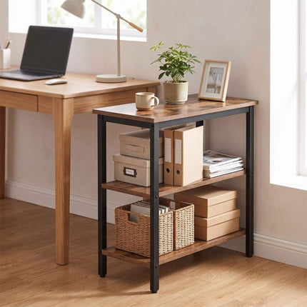 3-Tier Brown Side Table with Shelves, MDF & Metal