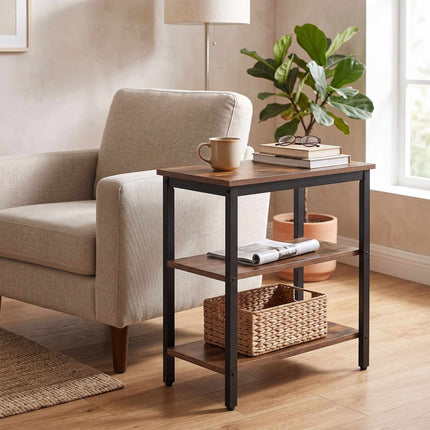 3-Tier Brown Side Table with Shelves, MDF & Metal