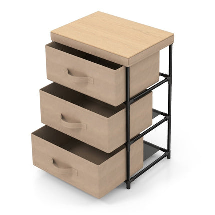 3-Tier Fabric Drawer Nightstand with Metal Frame, Brown