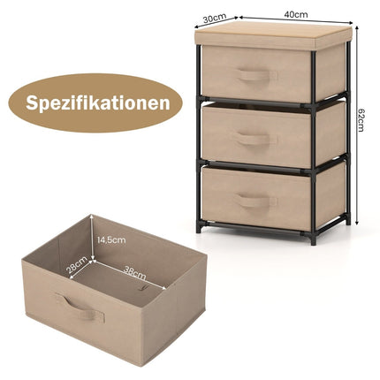 3-Tier Fabric Drawer Nightstand with Metal Frame, Brown