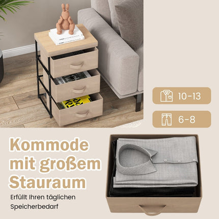 3-Tier Fabric Drawer Nightstand with Metal Frame, Brown