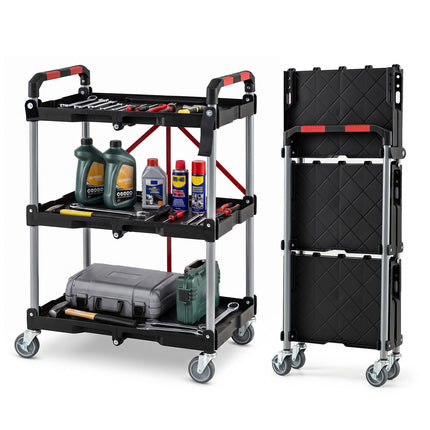 3-Tier Folding Utility Cart with Swivel Wheels and Brakes, Black, 90 kg Load