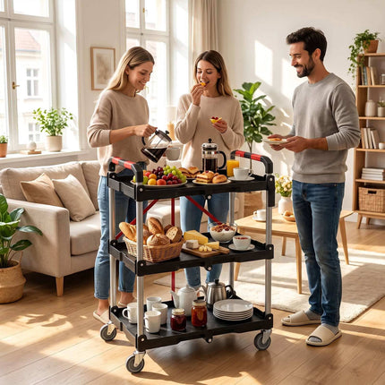 3-Tier Folding Utility Cart with Swivel Wheels and Brakes, Black, 90 kg Load