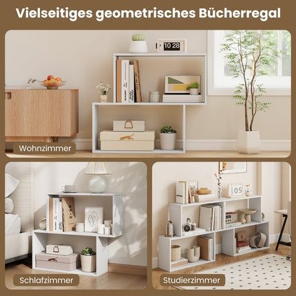 3-Tier Geometric Bookshelf, White Wood, 2 Cube Shelves
