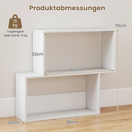 3-Tier Geometric Bookshelf, White Wood, 2 Cube Shelves