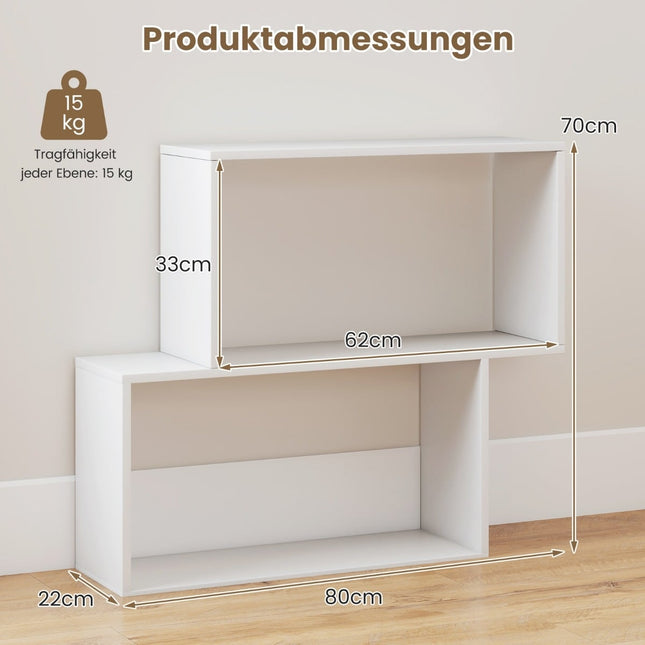 3-Tier Geometric Bookshelf, White Wood, 2 Cube Shelves