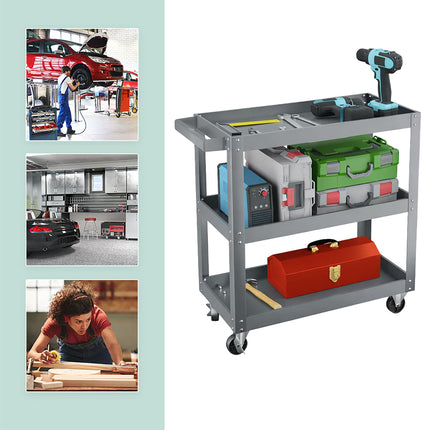 3-Tier Grey Tool Trolley with Shelves and Wheels