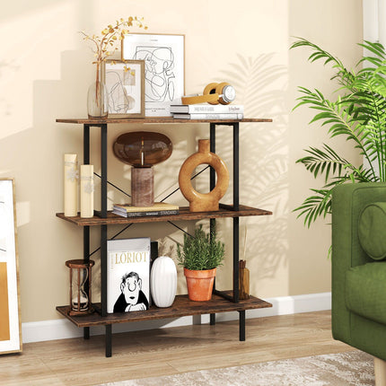 3-Tier Industrial Bookshelf, Metal Frame, Rustic Brown