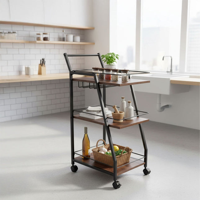 3-Tier Industrial Kitchen Trolley with Glass Rack