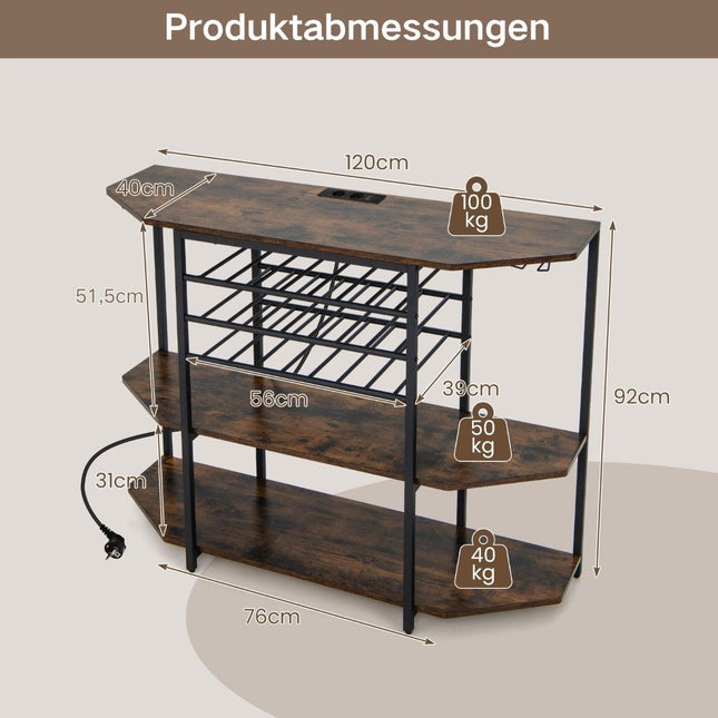 3 Tier Industrial Wine Rack with Sockets & Bottle Rack & Glass Holders Wine Bar Cabinet Brown