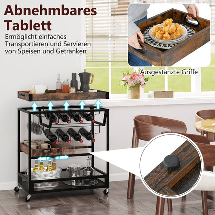3-Tier Kitchen Cart with Tray, Glass Holder, Wine Rack