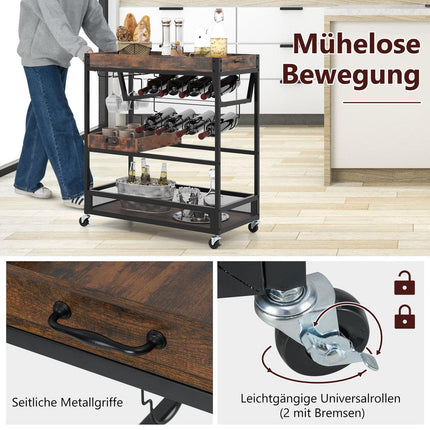 3-Tier Kitchen Cart with Tray, Glass Holder, Wine Rack