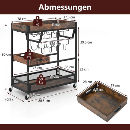 3-Tier Kitchen Cart with Tray, Glass Holder, Wine Rack