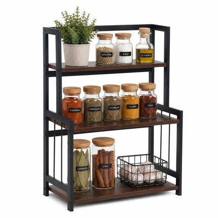 3-Tier Kitchen Spice Rack, MDF and Iron, Brown/Black