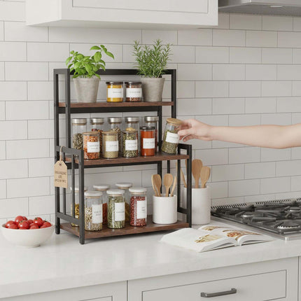 3-Tier Kitchen Spice Rack, MDF and Iron, Brown/Black