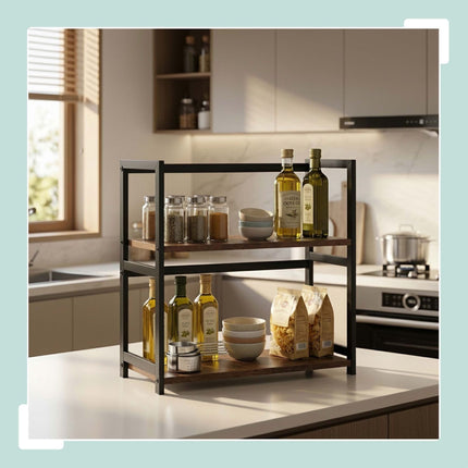 3-Tier Kitchen Spice Rack, MDF and Iron, Brown/Black