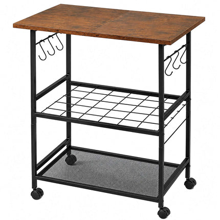 3-Tier Kitchen Trolley, Brown – Metal & MDF, Lockable Wheels